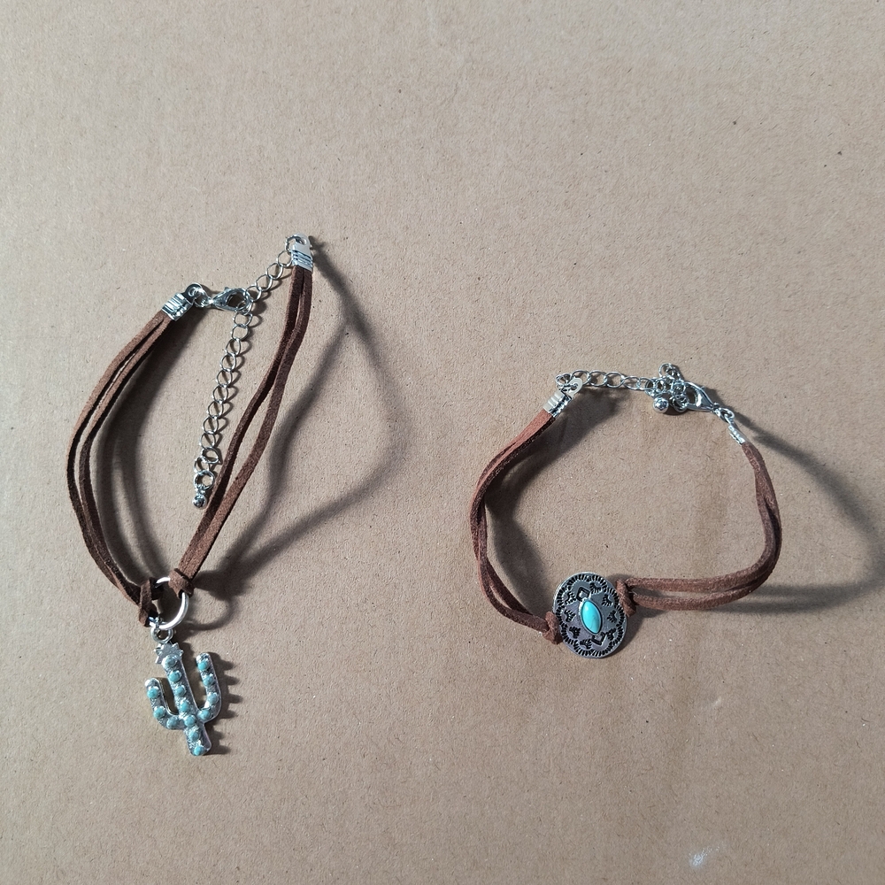 Brown Suede Cactus Charm Bracelet Set